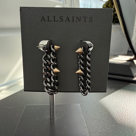 AllSaints NEW Curb Chain Front/Back Earrings gold studs - Picture 3 of 5
